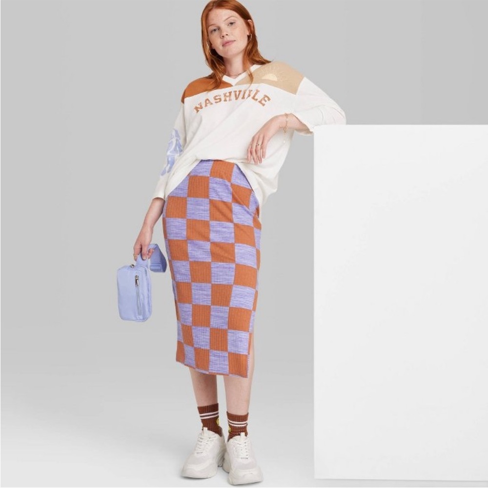 Checkerboard Knit Midi Skirt in Lavender and Brown